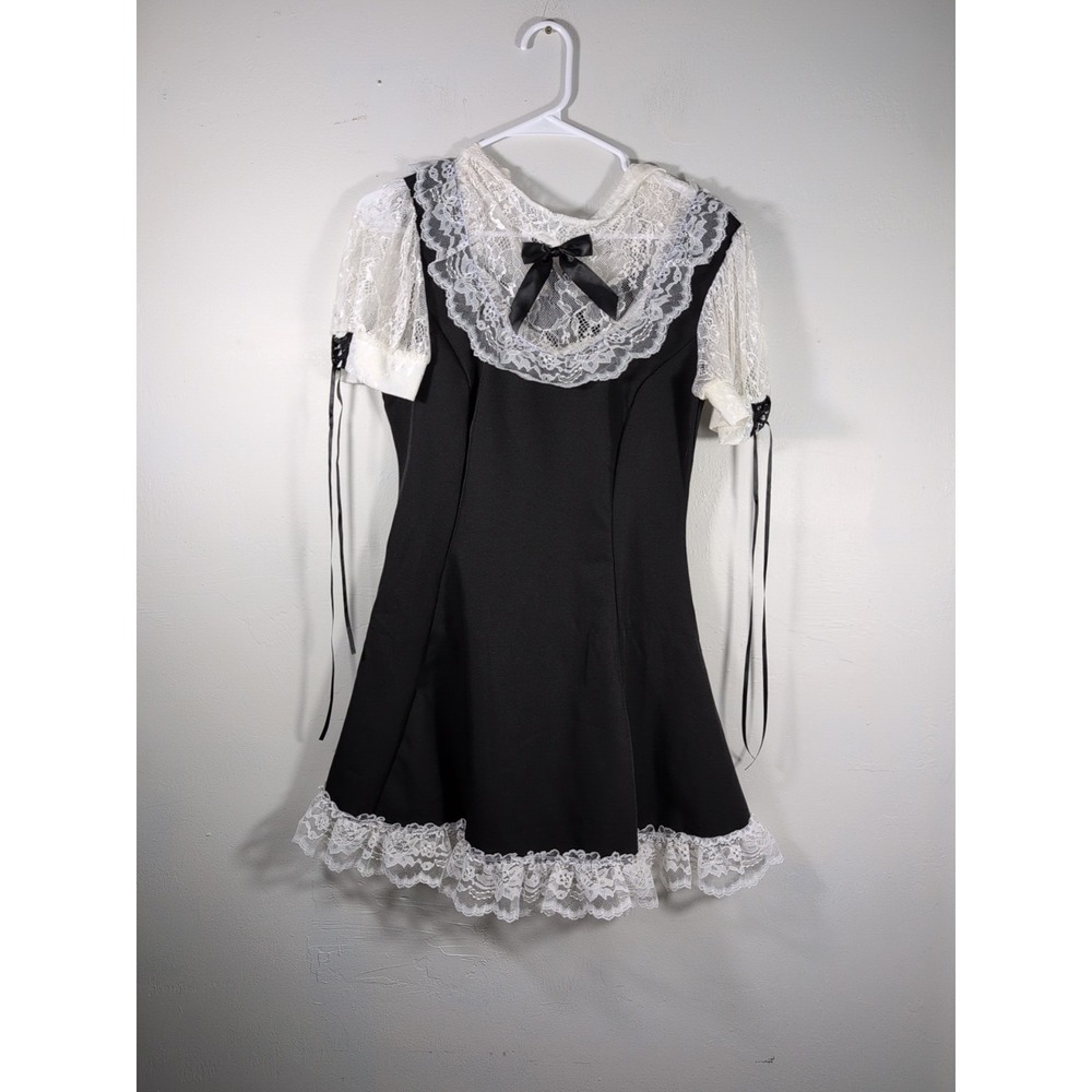 Dolls Kill Goth Widow Bow Black & White True Self Lace Trim Mini Dress L NWT